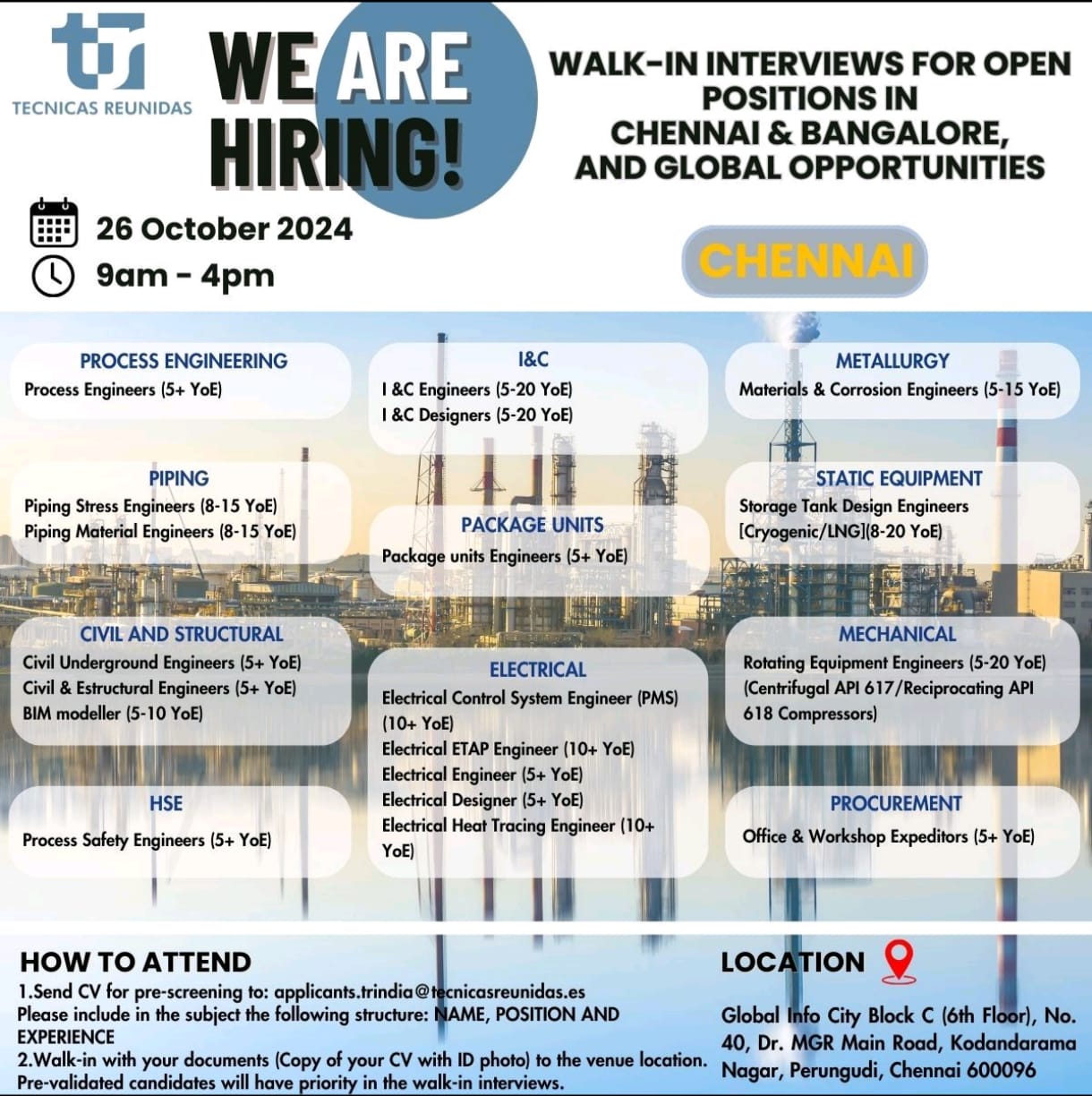 CHENNAI Walk-In Drive From Técnicas Reunidas: A Golden Opportunity for Engineering Professionals