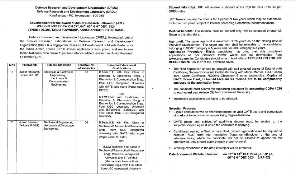 Top DRDO Recruitment Latest Vacancies Nov 2024/DRDO Jobs at Hyderabad in India