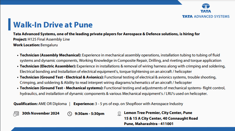 Walk In Drive at Tata Advanced Systems Pune 2024