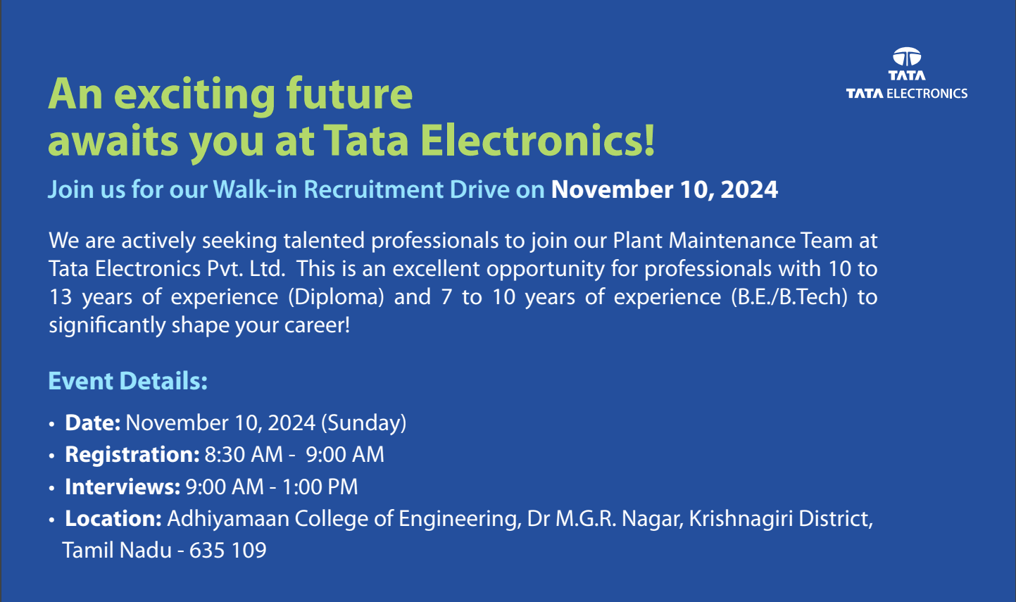 Walk-In Drive from Tata Electronics 2024