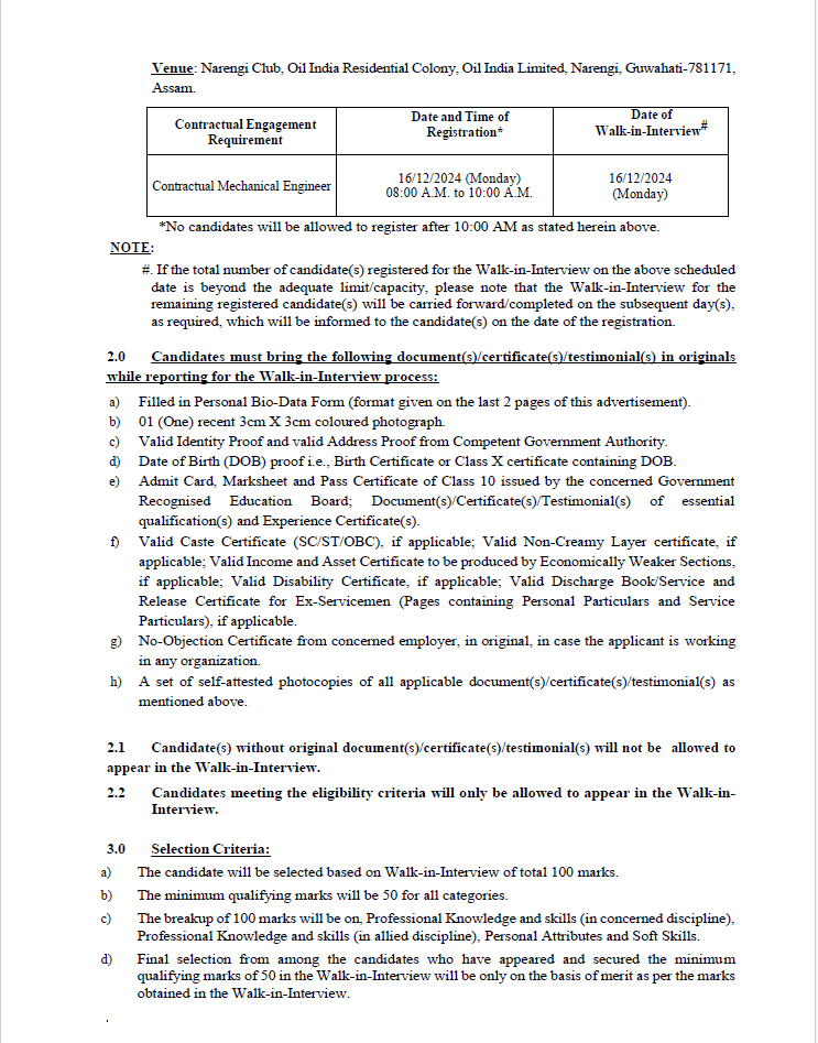 Walk in Drive From Oil India Limited  - 2024-25