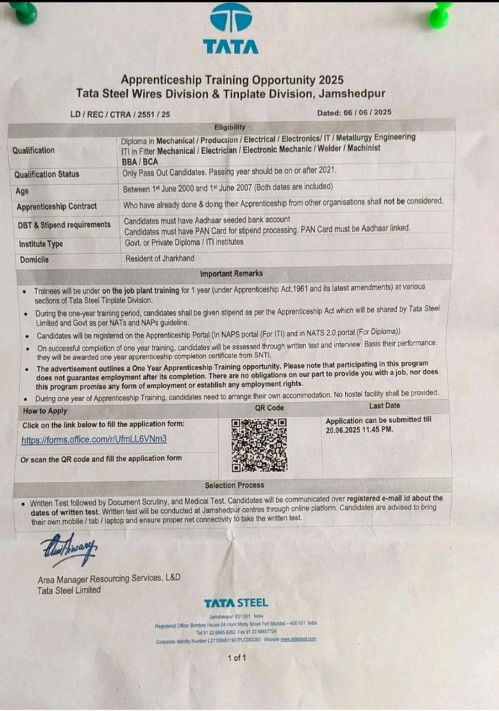 Apprenticeship at Tata Steel Wires Div. & Tinplate Div. - JSR