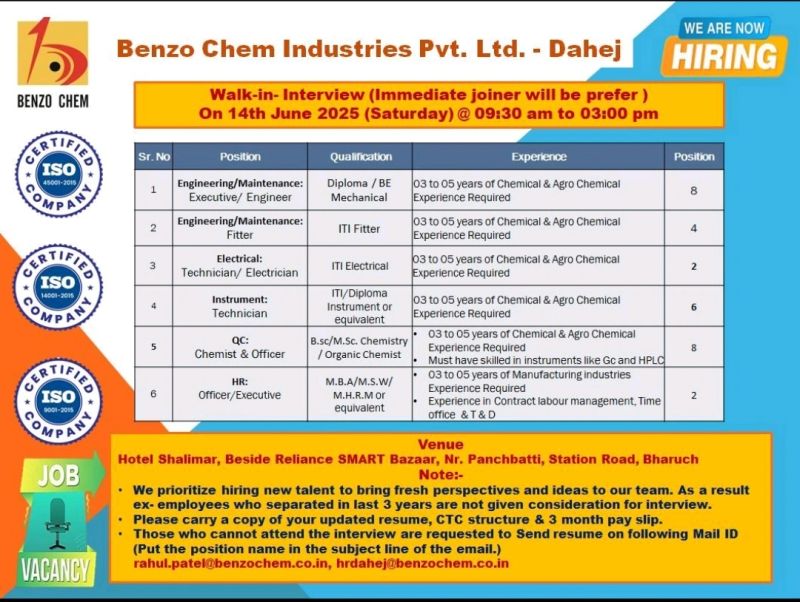 Walk in Drive Opportunities at Benzo Chem in Dahej