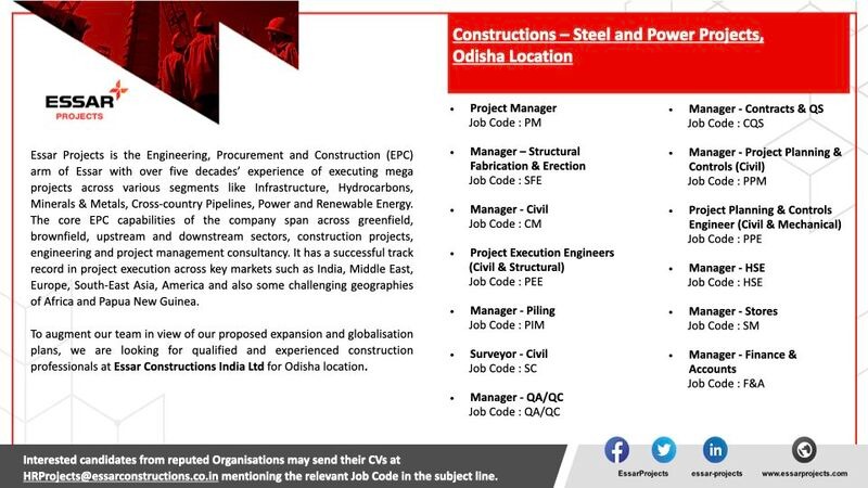Essar Projects Latest Job Opportunities – Odisha