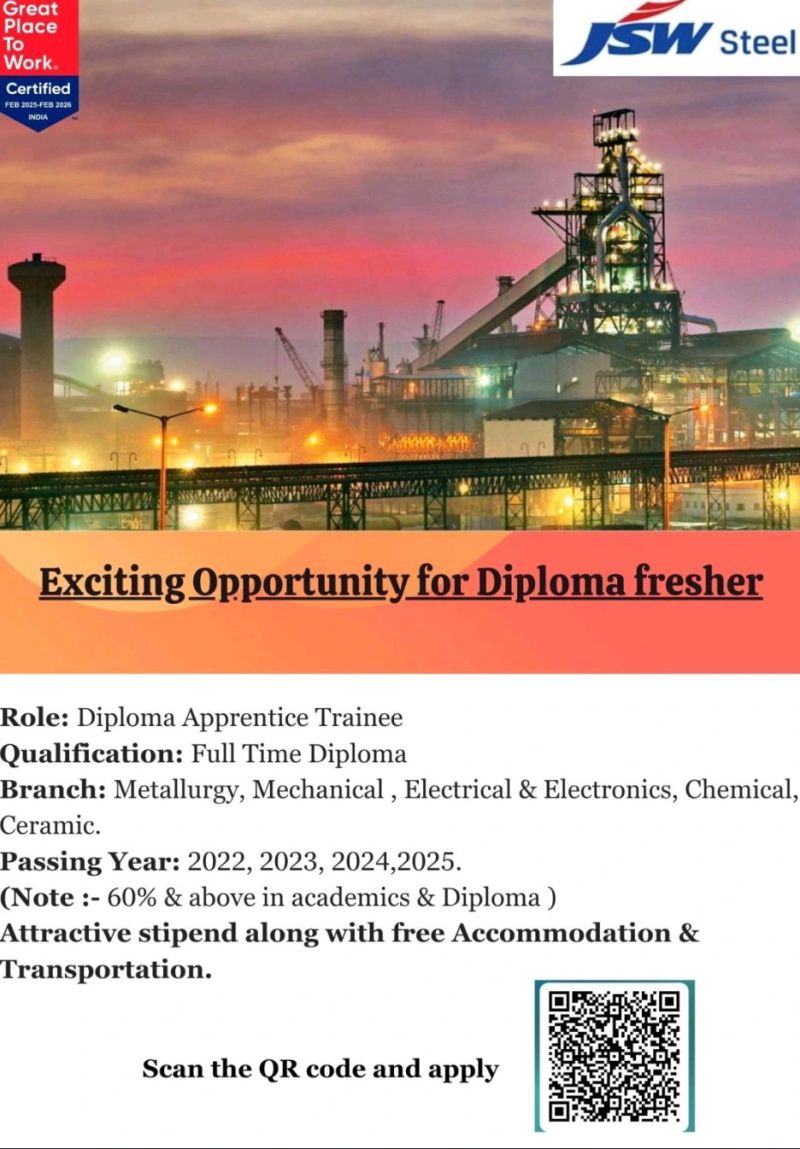 JSW Steel Hiring Diploma Engineer -2025